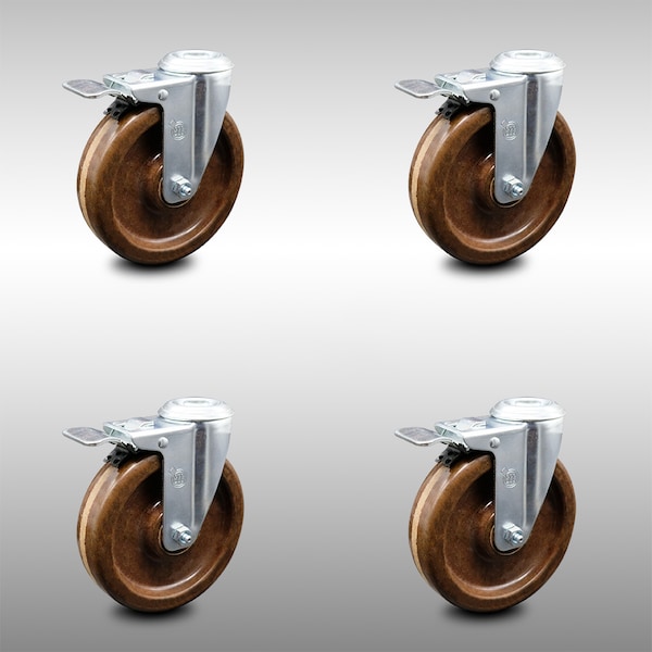 5 Inch SS High Temp Phenolic Swivel Bolt Hole Caster Set with Total Lock Brake